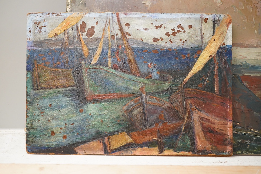 Two modern British oils on board, one by Peter Brannan, Coastal view and another of fishing boats, largest 35 x 40cm, each unframed. Condition - poor